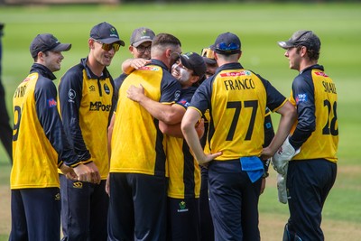 260825 - Glamorgan v Leicestershire - Metro Bank One Day Cup - Tom Horton of Glamorgan CCC celebrates the wicket of Shan Masood of Leicestershire CCC