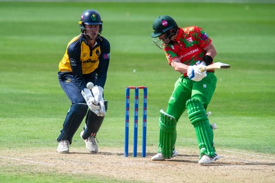 260825 - Glamorgan v Leicestershire - Metro Bank One Day Cup - Lewis Hill of Leicestershire CCC plays and misses