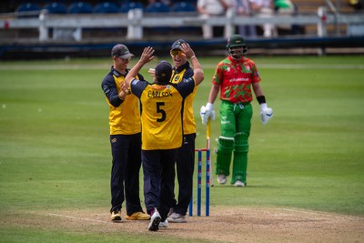 260825 - Glamorgan v Leicestershire - Metro Bank One Day Cup - Henry Hurle of Glamorgan CCC  celebrates with his teammates after running out Peter Hanscombe of Leicestershire CCC