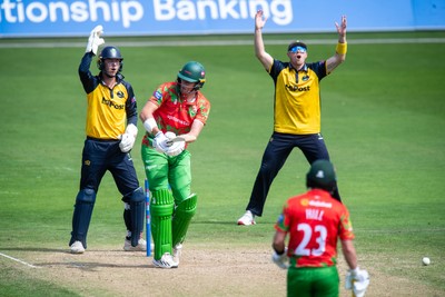 260825 - Glamorgan v Leicestershire - Metro Bank One Day Cup - Will Smale of Glamorgan CCC and Dan Douthwaite of Glamorgan CCC appeal 