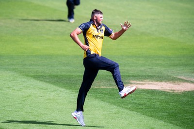 260825 - Glamorgan v Leicestershire - Metro Bank One Day Cup - Tom Horton of Glamorgan CCC celebrates the wicket of Lewis Hill of Leicestershire CCC