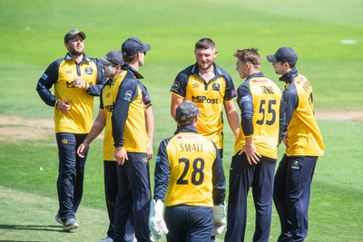 260825 - Glamorgan v Leicestershire - Metro Bank One Day Cup - Tom Horton of Glamorgan CCC celebrates the wicket of Lewis Hill of Leicestershire CCC