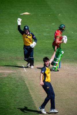 260825 - Glamorgan v Leicestershire - Metro Bank One Day Cup - Will Smale of Glamorgan CCC appeals for a catch off the bowling of Romano Franco of Glamorgan CCC