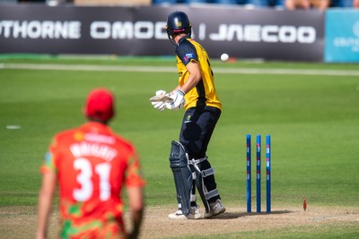 260825 - Glamorgan v Leicestershire - Metro Bank One Day Cup - Henry Hurle of Glamorgan CCC is bowled by Alex Green of Leicestershire CCC