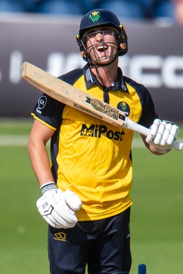 260825 - Glamorgan v Leicestershire - Metro Bank One Day Cup - Henry Hurle of Glamorgan CCC is bowled by Alex Green of Leicestershire CCC