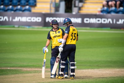 260825 - Glamorgan v Leicestershire - Metro Bank One Day Cup -  Kiran Carlson of Glamorgan CCC and Asa Tribe of Glamorgan CCC