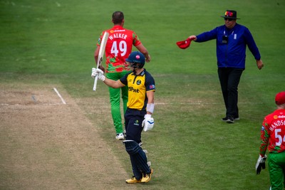 260825 - Glamorgan v Leicestershire - Metro Bank One Day Cup - Asa Tribe of Glamorgan CCC celebrates his fifty