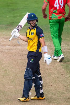 260825 - Glamorgan v Leicestershire - Metro Bank One Day Cup - Asa Tribe of Glamorgan CCC celebrates his fifty