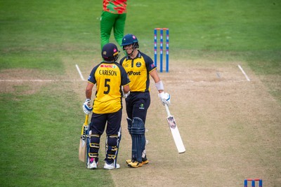 260825 - Glamorgan v Leicestershire - Metro Bank One Day Cup - Asa Tribe of Glamorgan CCC celebrates his fifty