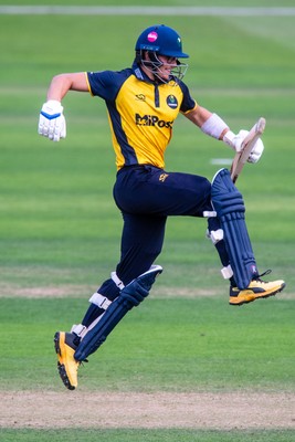 260825 - Glamorgan v Leicestershire - Metro Bank One Day Cup - Asa Tribe of Glamorgan CCC celebrates his century