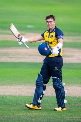 260825 - Glamorgan v Leicestershire - Metro Bank One Day Cup - Asa Tribe of Glamorgan CCC celebrates his century