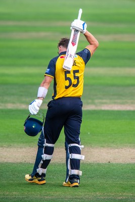 260825 - Glamorgan v Leicestershire - Metro Bank One Day Cup - Asa Tribe of Glamorgan CCC celebrates his century