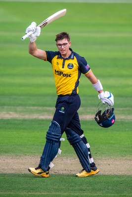 260825 - Glamorgan v Leicestershire - Metro Bank One Day Cup - Asa Tribe of Glamorgan CCC celebrates his century 