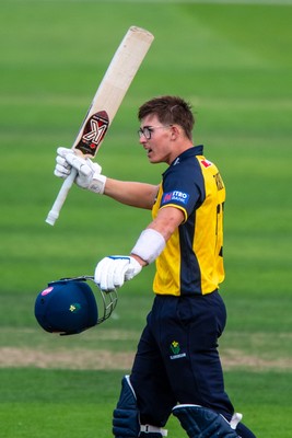 260825 - Glamorgan v Leicestershire - Metro Bank One Day Cup - Asa Tribe of Glamorgan CCC celebrates his century with Will Smale of Glamorgan CCC