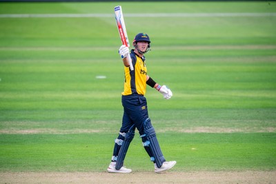 260825 - Glamorgan v Leicestershire - Metro Bank One Day Cup - Will Smale of Glamorgan CCC celebrates his fifty