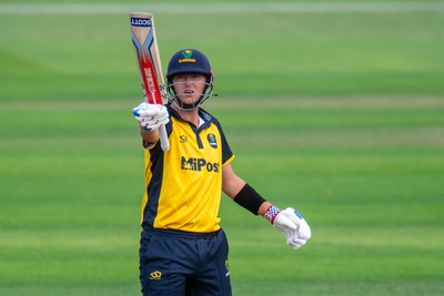 260825 - Glamorgan v Leicestershire - Metro Bank One Day Cup - Will Smale of Glamorgan CCC celebrates his fifty