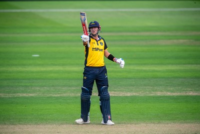 260825 - Glamorgan v Leicestershire - Metro Bank One Day Cup - Will Smale of Glamorgan CCC celebrates his fifty