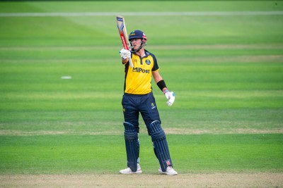 260825 - Glamorgan v Leicestershire - Metro Bank One Day Cup - Will Smale of Glamorgan CCC celebrates his fifty