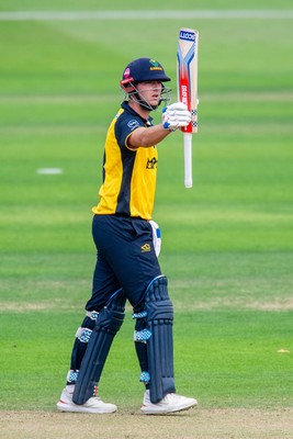 260825 - Glamorgan v Leicestershire - Metro Bank One Day Cup - Will Smale of Glamorgan CCC celebrates his fifty