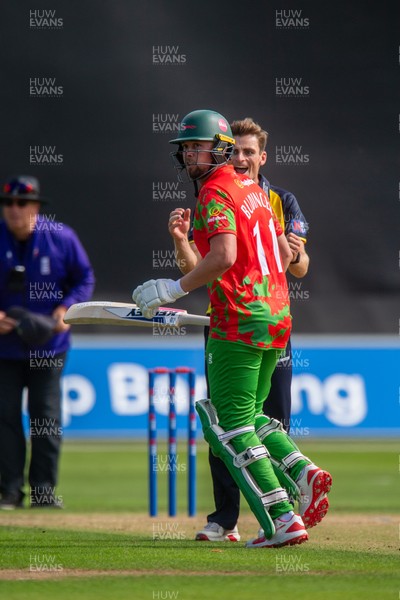 260825 - Glamorgan v Leicestershire - Metro Bank One Day Cup - Andy Gorvin of Glamorgan CCC celebrates the wicket of Sol Budinger of Leicestershire CCC