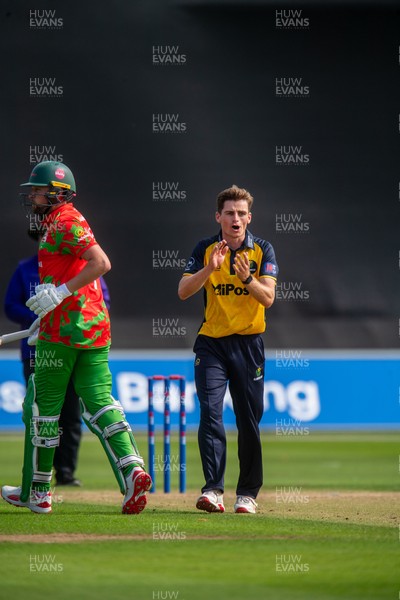 260825 - Glamorgan v Leicestershire - Metro Bank One Day Cup - Andy Gorvin of Glamorgan CCC celebrates the wicket of Sol Budinger of Leicestershire CCC