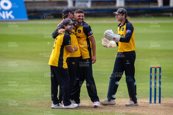 260825 - Glamorgan v Leicestershire - Metro Bank One Day Cup - Henry Hurle of Glamorgan CCC  celebrates with his teammates after running out Peter Hanscombe of Leicestershire CCC