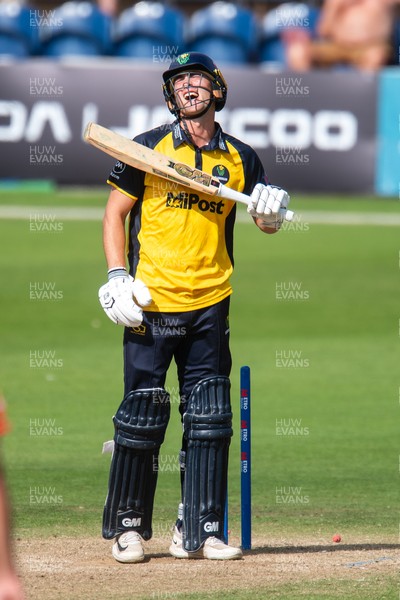 260825 - Glamorgan v Leicestershire - Metro Bank One Day Cup - Henry Hurle of Glamorgan CCC is bowled by Alex Green of Leicestershire CCC