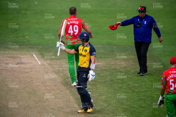 260825 - Glamorgan v Leicestershire - Metro Bank One Day Cup - Asa Tribe of Glamorgan CCC celebrates his fifty