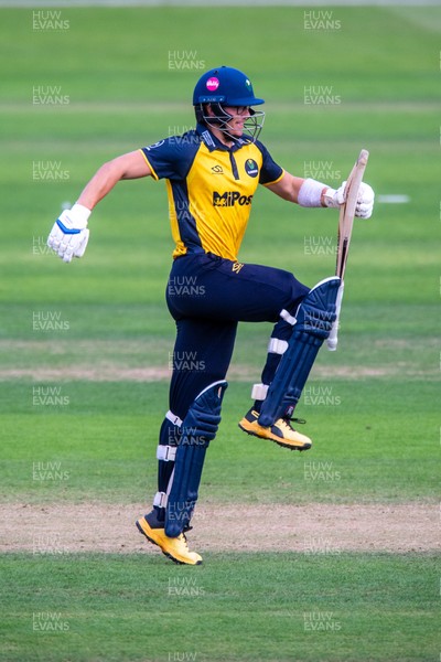 260825 - Glamorgan v Leicestershire - Metro Bank One Day Cup - Asa Tribe of Glamorgan CCC celebrates his century