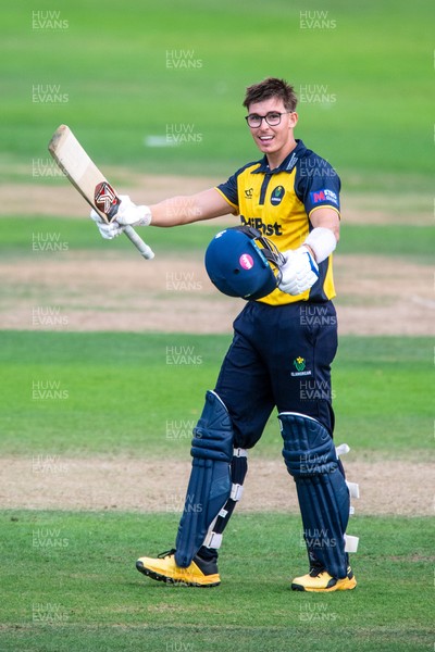 260825 - Glamorgan v Leicestershire - Metro Bank One Day Cup - Asa Tribe of Glamorgan CCC celebrates his century