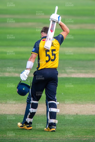 260825 - Glamorgan v Leicestershire - Metro Bank One Day Cup - Asa Tribe of Glamorgan CCC celebrates his century
