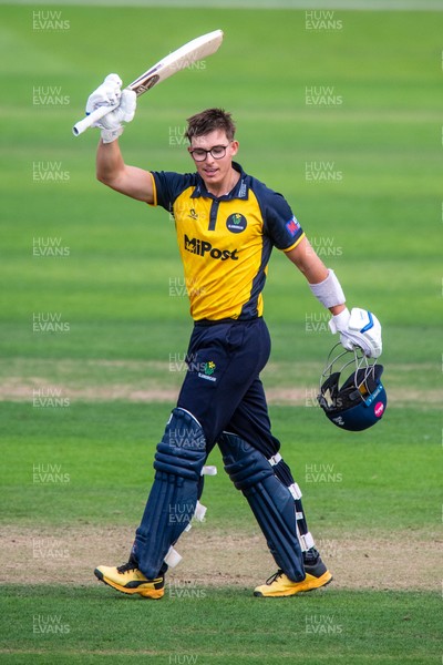 260825 - Glamorgan v Leicestershire - Metro Bank One Day Cup - Asa Tribe of Glamorgan CCC celebrates his century 