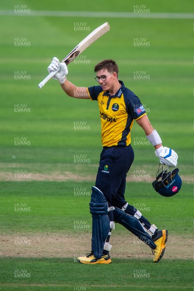 260825 - Glamorgan v Leicestershire - Metro Bank One Day Cup - Asa Tribe of Glamorgan CCC celebrates his century with Will Smale of Glamorgan CCC