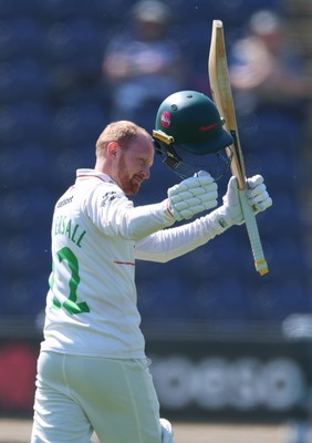 270426 - Glamorgan v Leicestershire, Rothesay County Championship Division 1 - Jonny Tattersall of Leicestershire celebrates as he reaches 100 runs