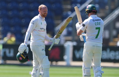 270426 - Glamorgan v Leicestershire, Rothesay County Championship Division 1 - Jonny Tattersall of Leicestershire celebrates with Ben Cox of Leicestershire as he reaches 100 runs