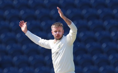 270426 - Glamorgan v Leicestershire, Rothesay County Championship Division 1 - Mason Crane of Glamorgan reacts as he fails to appeal for the wicket of Ajaz Patel of Leicestershire