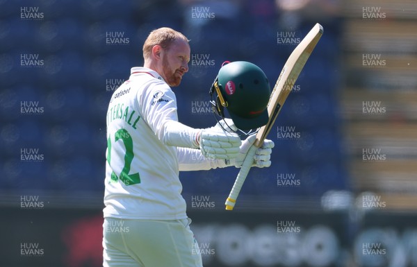 270426 - Glamorgan v Leicestershire, Rothesay County Championship Division 1 - Jonny Tattersall of Leicestershire celebrates as he reaches 100 runs