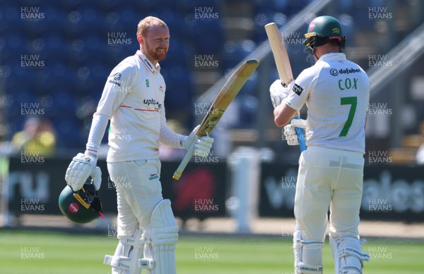 270426 - Glamorgan v Leicestershire, Rothesay County Championship Division 1 - Jonny Tattersall of Leicestershire celebrates with Ben Cox of Leicestershire as he reaches 100 runs