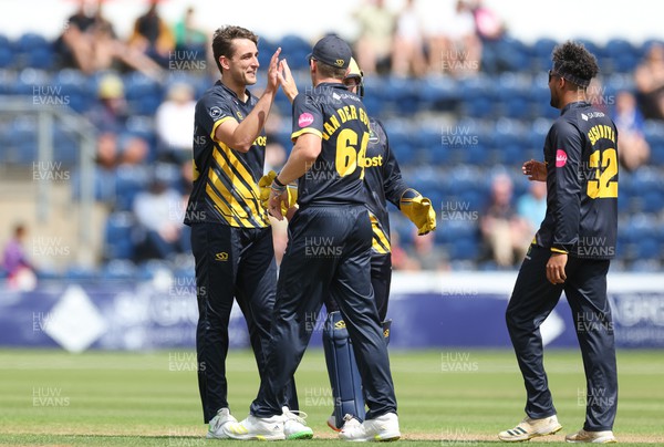 020723 - Glamorgan v Middlesex, Vitality Blast - Peter Hatzoglou of Glamorgan celebrates with Timm van der Gugten of Glamorgan  after taking the wicket of Max Holden of Middlesex