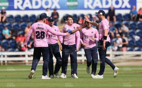 020723 - Glamorgan v Middlesex, Vitality Blast - Ethan Bamber of Middlesex is congratulated after he takes the wicket of Timm van der Gugten of Glamorgan