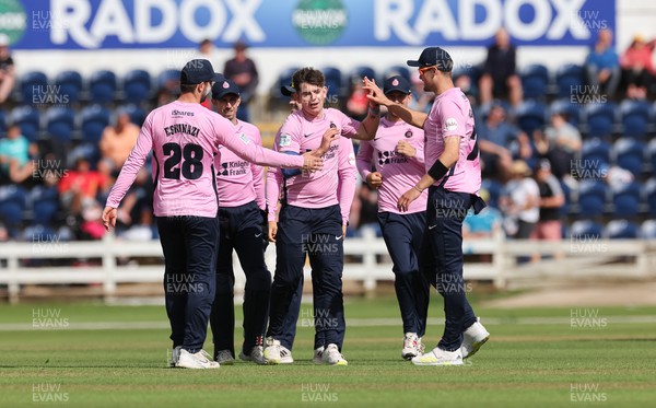 020723 - Glamorgan v Middlesex, Vitality Blast - Ethan Bamber of Middlesex is congratulated after he takes the wicket of Timm van der Gugten of Glamorgan
