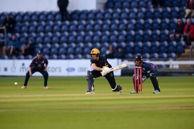 120724 - Glamorgan v Middlesex - T20, Vitality Blast - Marnus Labuschange of Glamorgan is bowled out by Luke Hollman of Middlesex