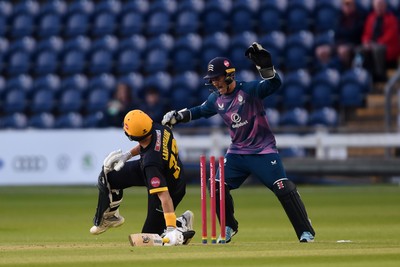 120724 - Glamorgan v Middlesex - T20, Vitality Blast - Marnus Labuschange of Glamorgan is bowled out by Luke Hollman of Middlesex