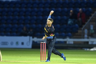 120724 - Glamorgan v Middlesex - T20, Vitality Blast - Dan Douthwaite of Glamorgan bowling