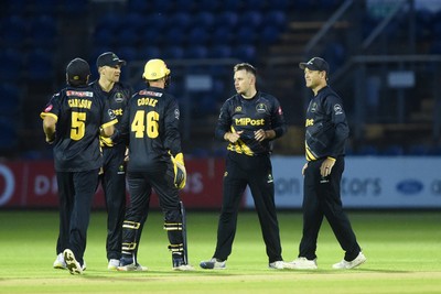 120724 - Glamorgan v Middlesex - T20, Vitality Blast - Mason Crane of Glamorgan celebrates with team mates after the LBW of Lues Du Plooy of Middlesex