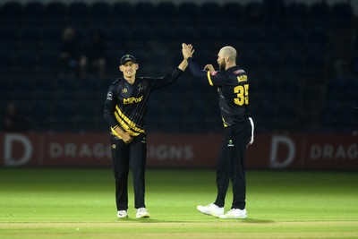 120724 - Glamorgan v Middlesex - T20, Vitality Blast - Marnus Labuschange of Glamorgan celebrates with team mates after catching the ball