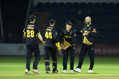 120724 - Glamorgan v Middlesex - T20, Vitality Blast - Marnus Labuschange of Glamorgan celebrates with team mates after catching the ball