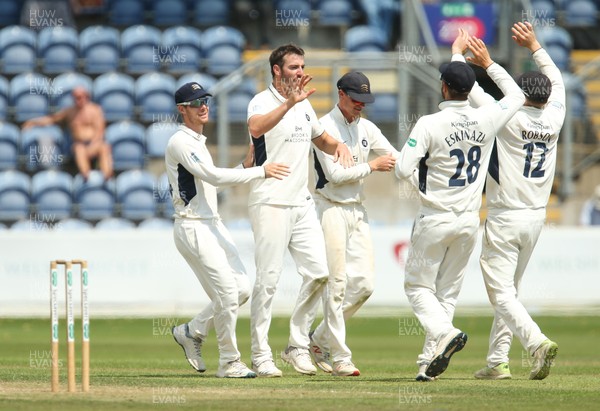 140719 - Glamorgan v Middlesex, Specsavers County Championship Division 2 - Toby Roland-Jones of Middlesex celebrates as David Lloyd of Glamorgan is caught