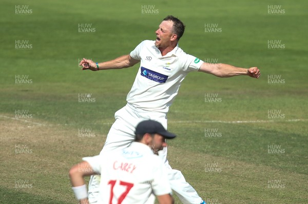 140719 - Glamorgan v Middlesex, Specsavers County Championship Division 2 - Graham Wagg of Glamorgan celebrates as he runs out Dawid Malan of Middlesex
