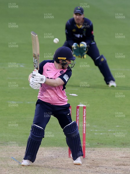 180621 - Glamorgan v Middlesex - T20 Blast - Eoin Morgan of Middlesex is bowled out by Ruaidhri Smith of Glamorgan